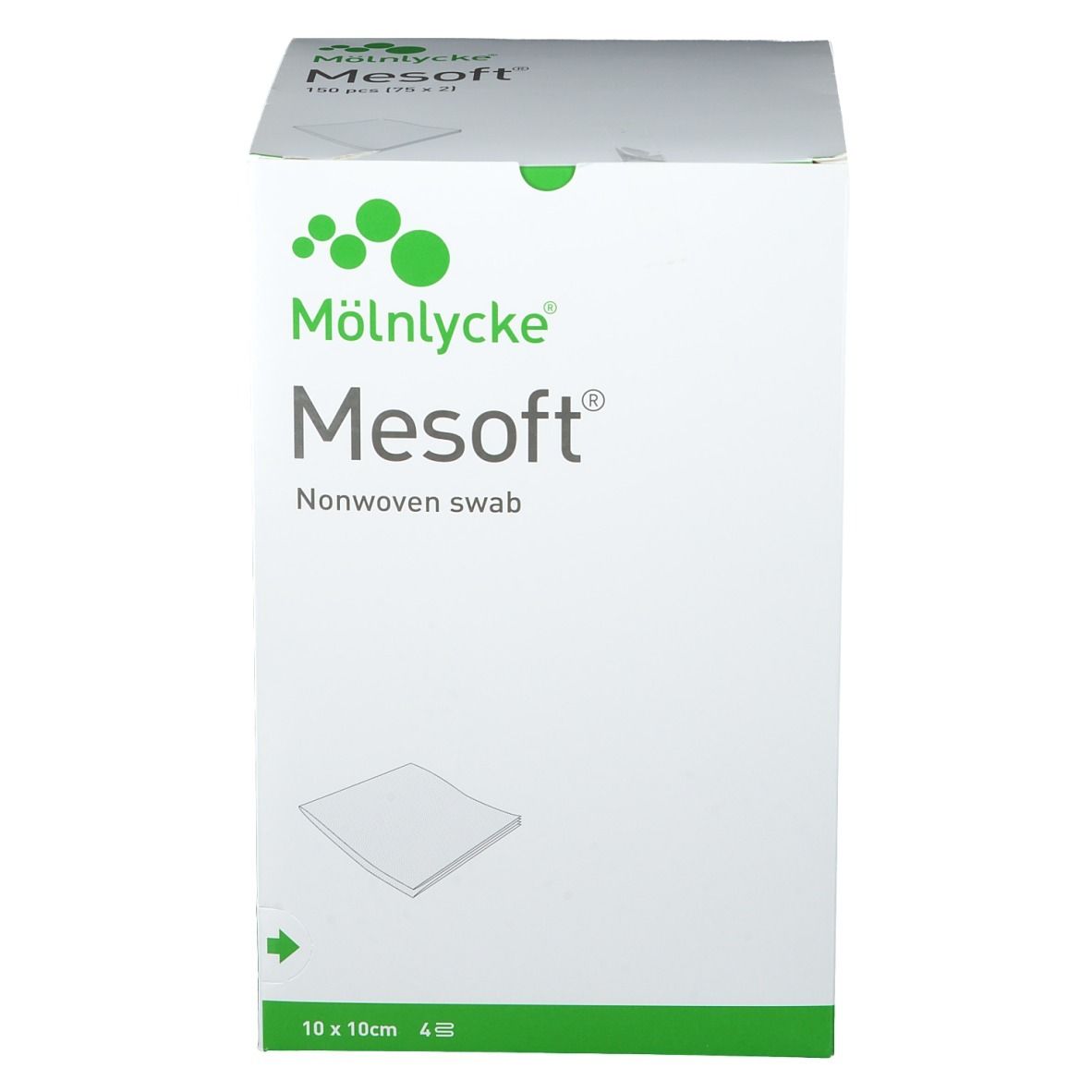 Boîte Mesoft. Carton blanc avec logo et texte du produit. 10 x 10 cm, 4 pièces. Couleurs vert et blanc.