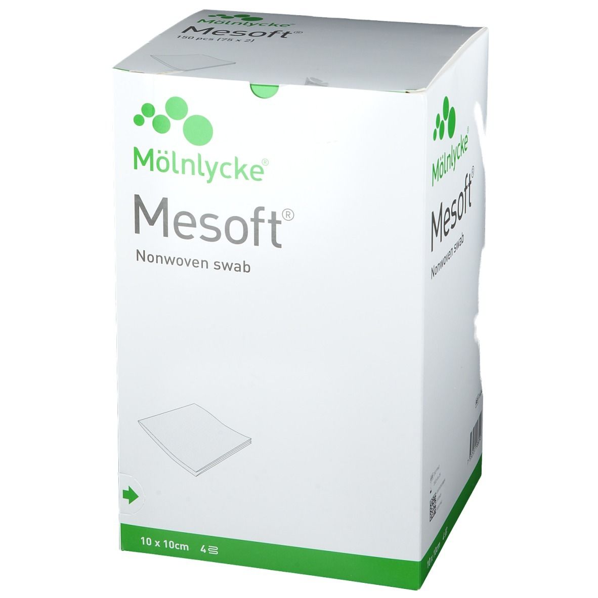 Boîte Mesoft. Carton blanc avec logo et texte du produit. 10 x 10 cm, 4 pièces. Couleurs vert et blanc.