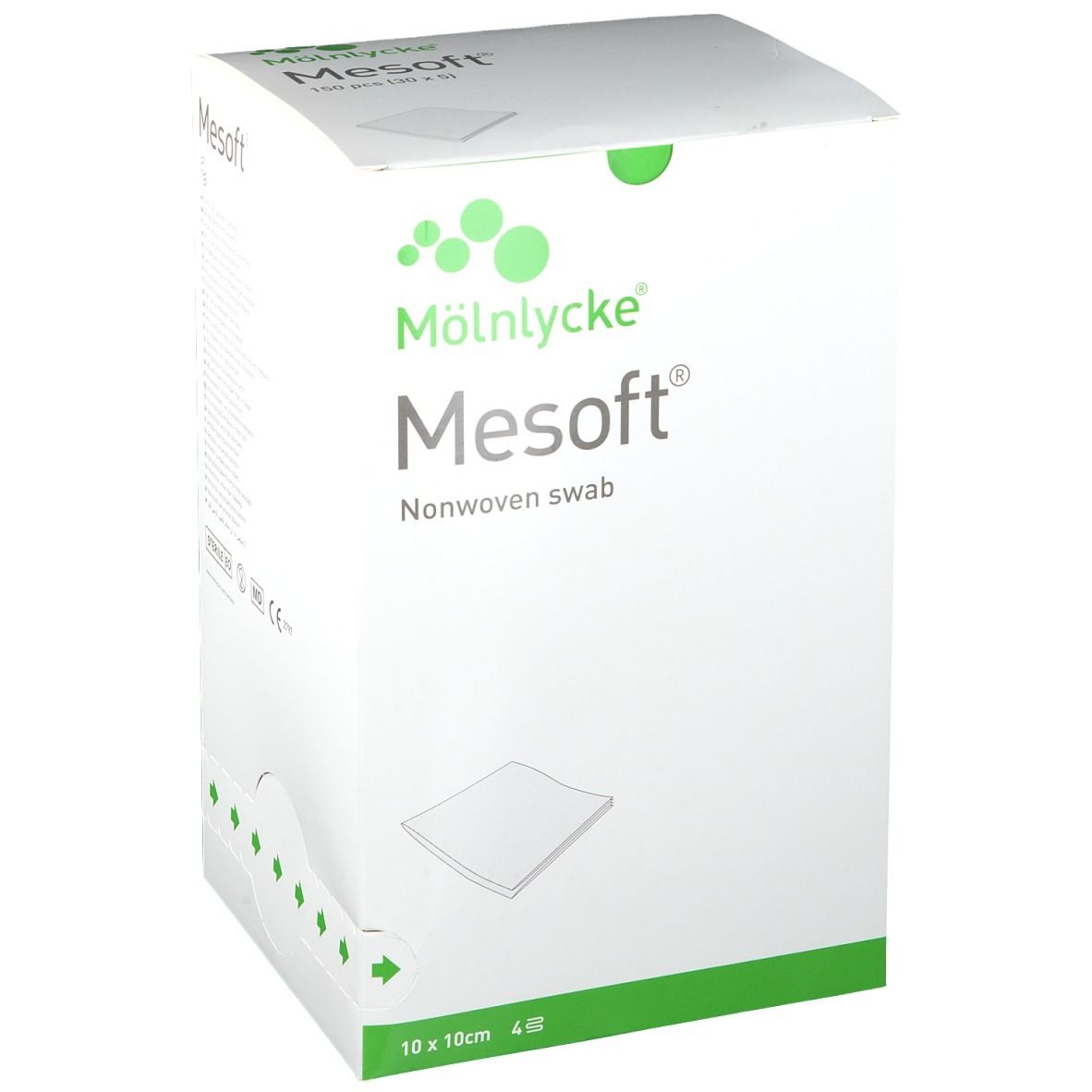 Mesoft Vliesstoff-Polster in weißer Verpackung. 10 x 10 cm, 4 Stück. Marke: Mölnlycke.