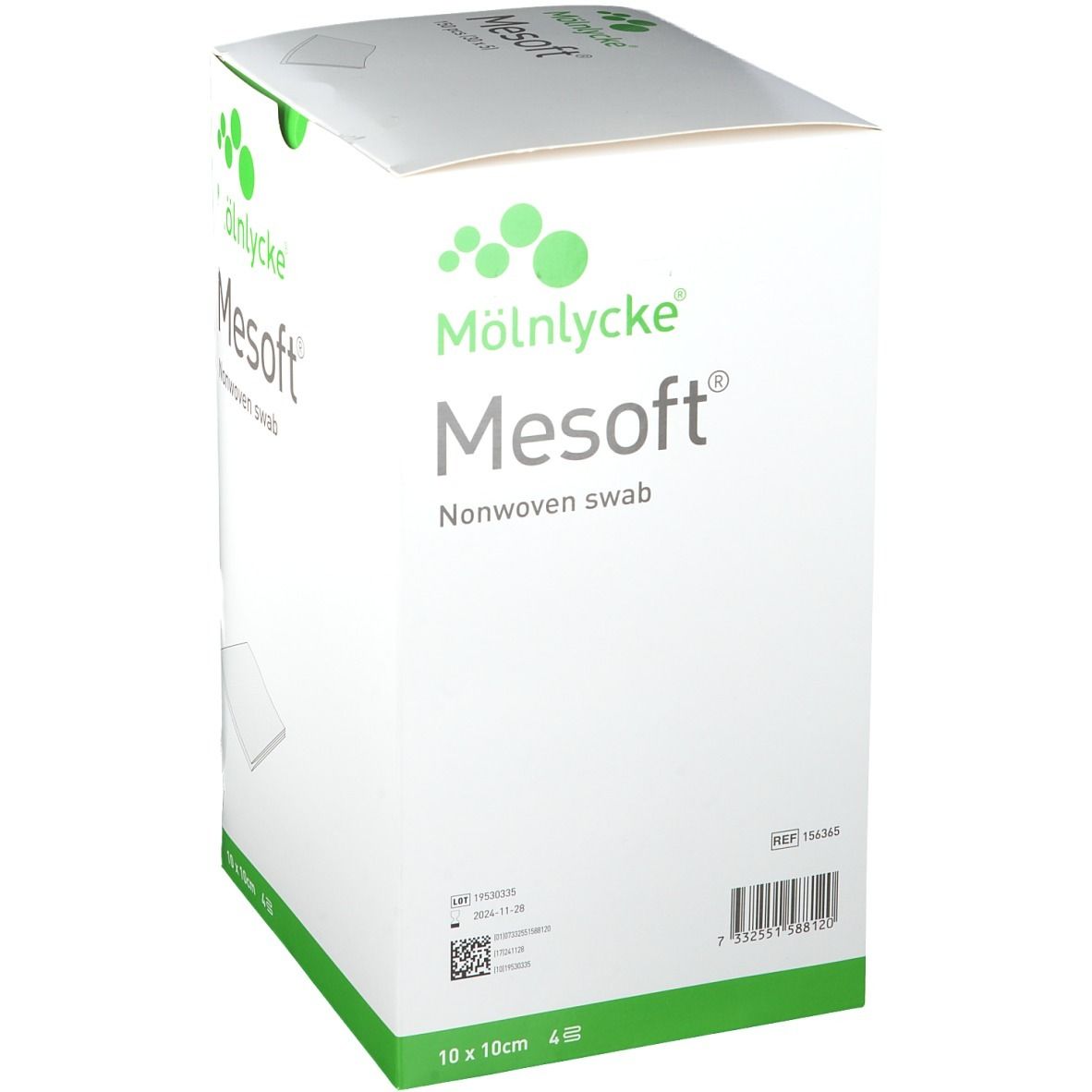 Mesoft Vliesstoff-Polster in weißer Verpackung. 10 x 10 cm, 4 Stück. Marke: Mölnlycke. Mit Barcode.