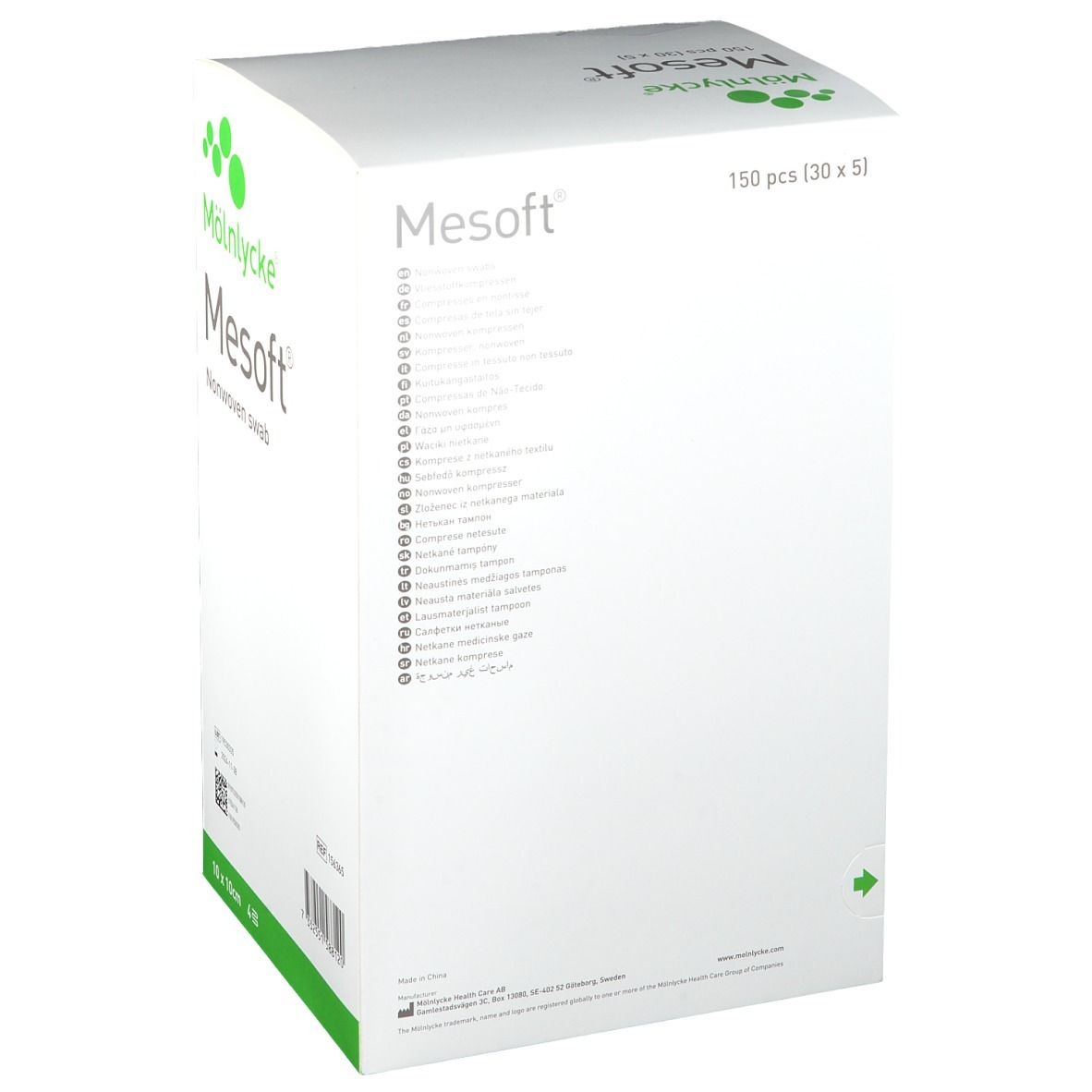 Mesoft Vliesstoff-Polster in weißer Verpackung. 150 Stück (30 x 5). Marke: Mölnlycke. Produktinformationen.