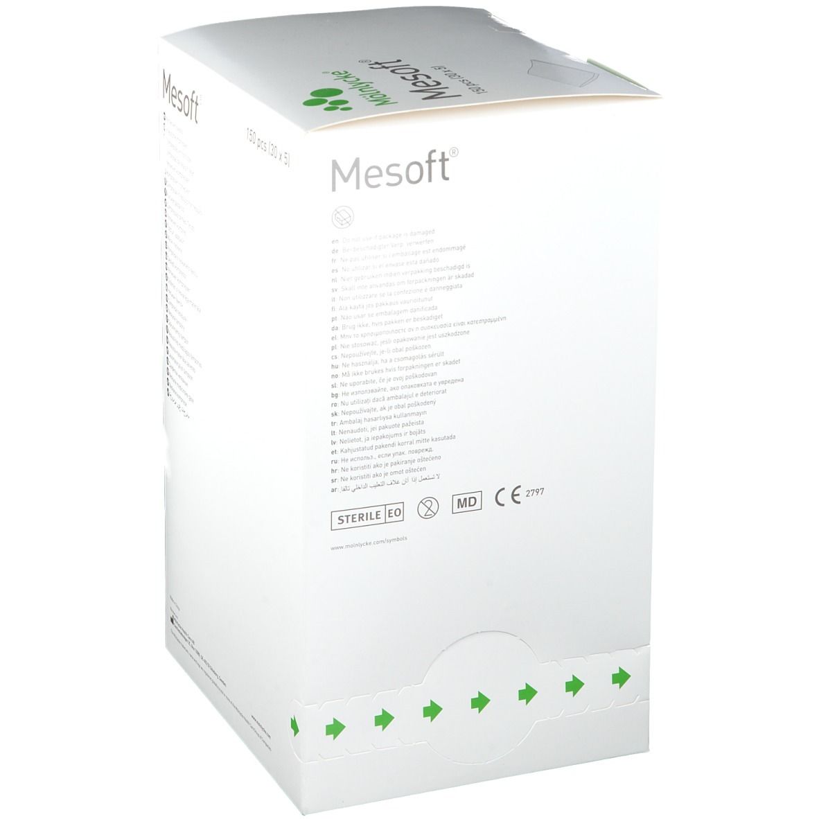 Mesoft Vliesstoff-Polster in weißer Verpackung. Steril. Medizinprodukt. Marke: Mölnlycke. Mit Zertifizierungen.