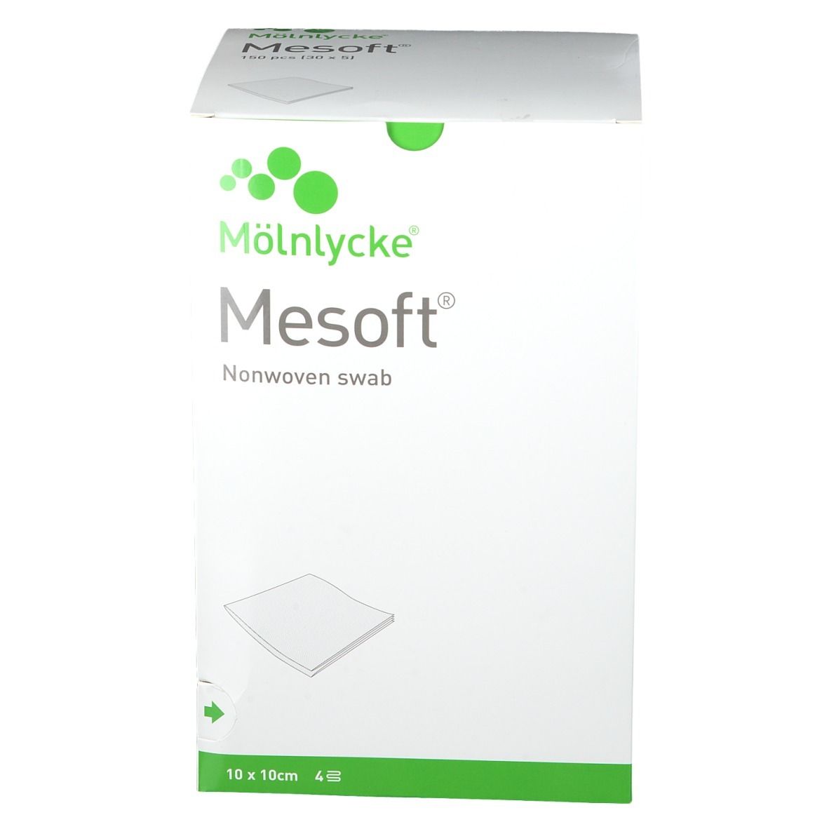 Mesoft Vliesstoff-Polster in weißer Verpackung. 10 x 10 cm, 4 Stück. Marke: Mölnlycke.