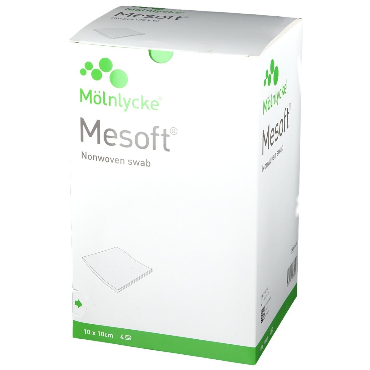 Mesoft Vliesstoff-Polster in weißer Verpackung. 10 x 10 cm, 4 Stück. Marke: Mölnlycke.