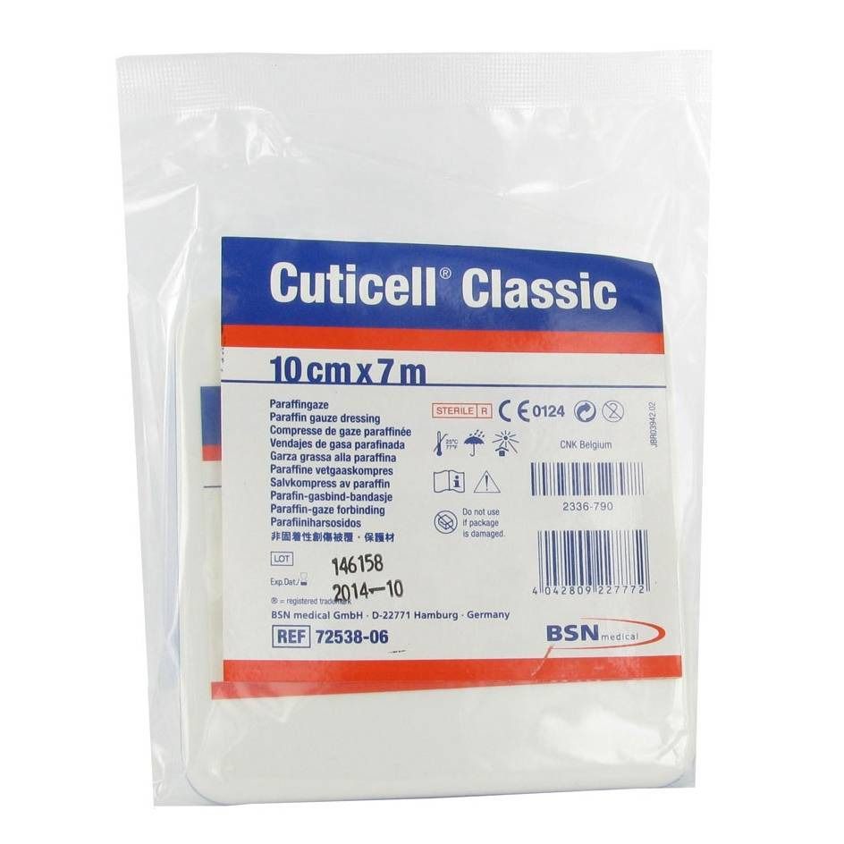 Emballage de Cuticell® Classic, 10 cm x 7 m. Inscriptions : nom du produit, dimensions, certifications et informations fabricant.