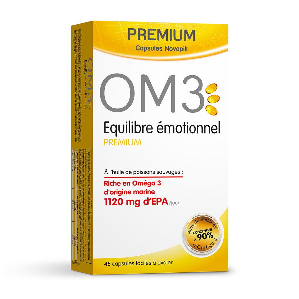 Boîte jaune OM3 Equilibre émotionnel® Premium. Contient 45 capsules. Texte: 1120 mg EPA.