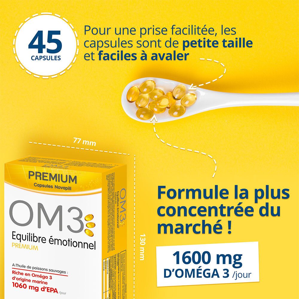Cuillère blanche avec capsules, à côté d'une boîte jaune OM3 Equilibre émotionnel® Premium. Texte: 45 capsules.