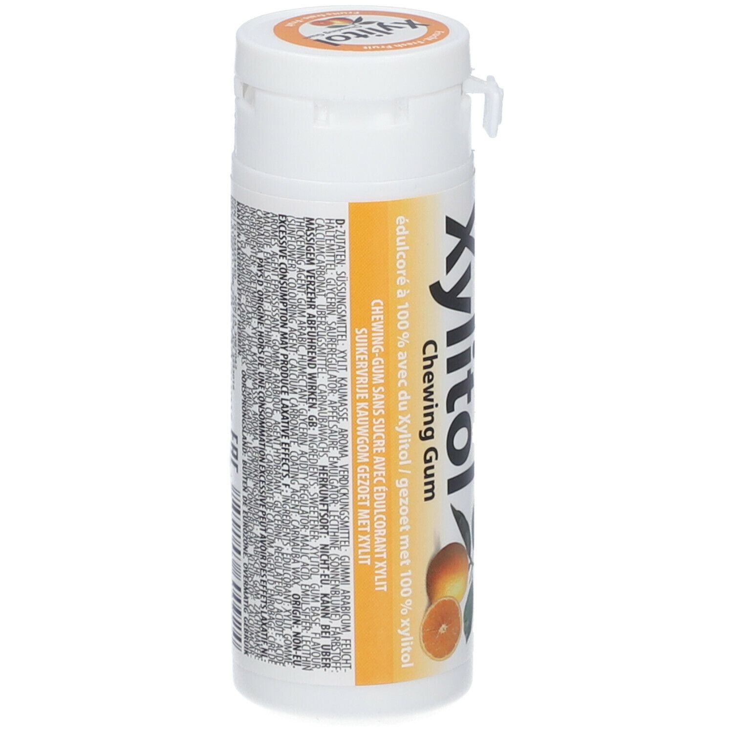 Witte, cilindrische doos met oranje etiket. Opschrift: Xylitol Chewing Gum, Miradent. Tekst in meerdere talen.