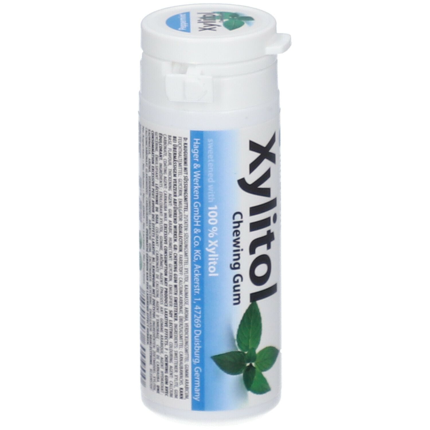 Weiße zylindrische Verpackung mit Xylitol-Kaugummi. Aufschrift: Xylitol, Pfefferminz, Miradent. Abbildung eines Blattes.