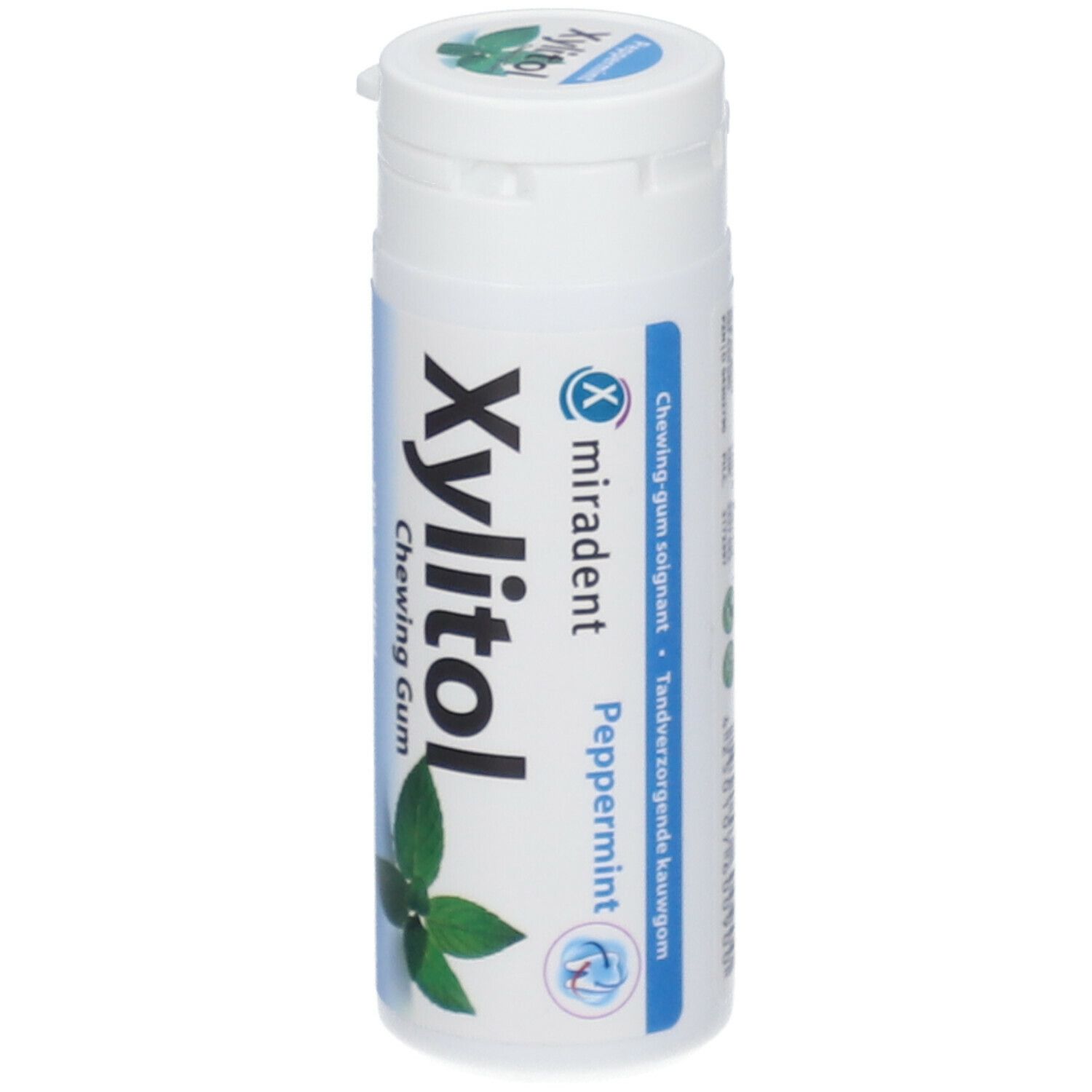 Weiße zylindrische Verpackung mit Xylitol-Kaugummi. Aufschrift: Xylitol, Pfefferminz, Miradent. Abbildung eines Blattes.