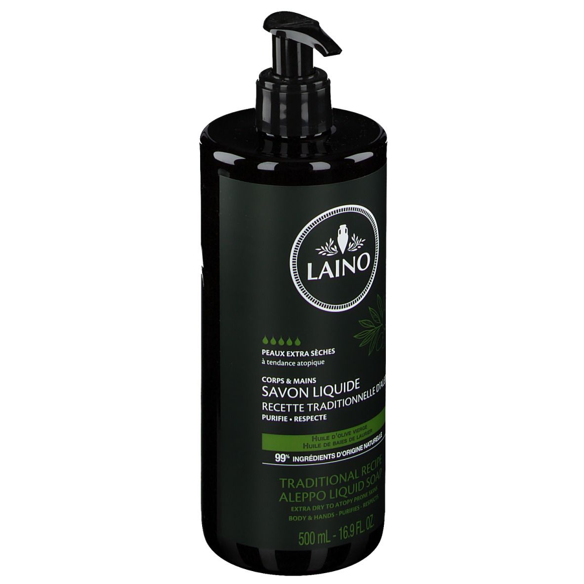 Flacon vert avec pompe noire. LAINO Savon liquide, texte sur l'étiquette. 500 ml.