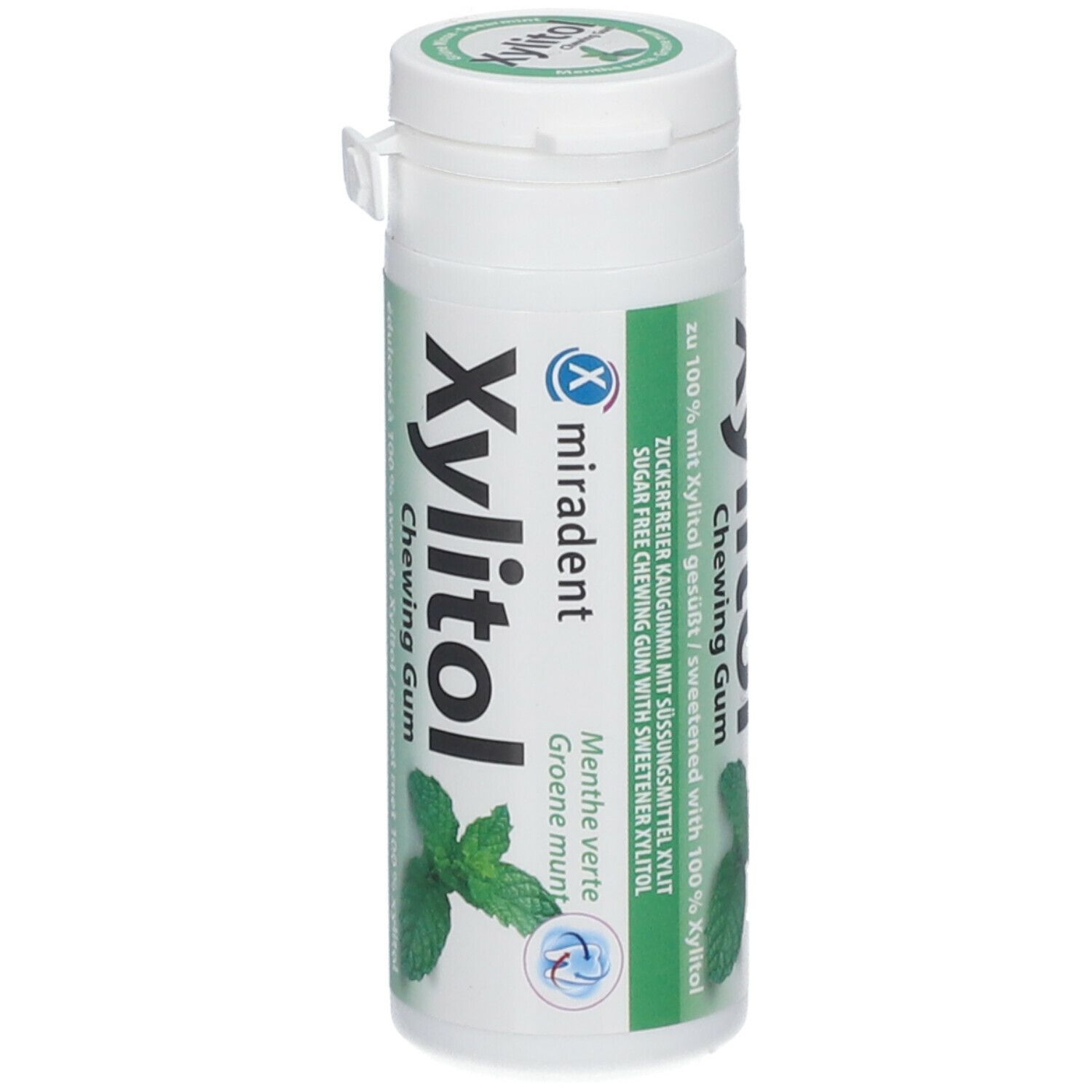 Boîte blanche de chewing-gums Miradent Xylitol à la menthe verte. Inscription : Xylitol Chewing Gum, Menthe verte, Groene munt.