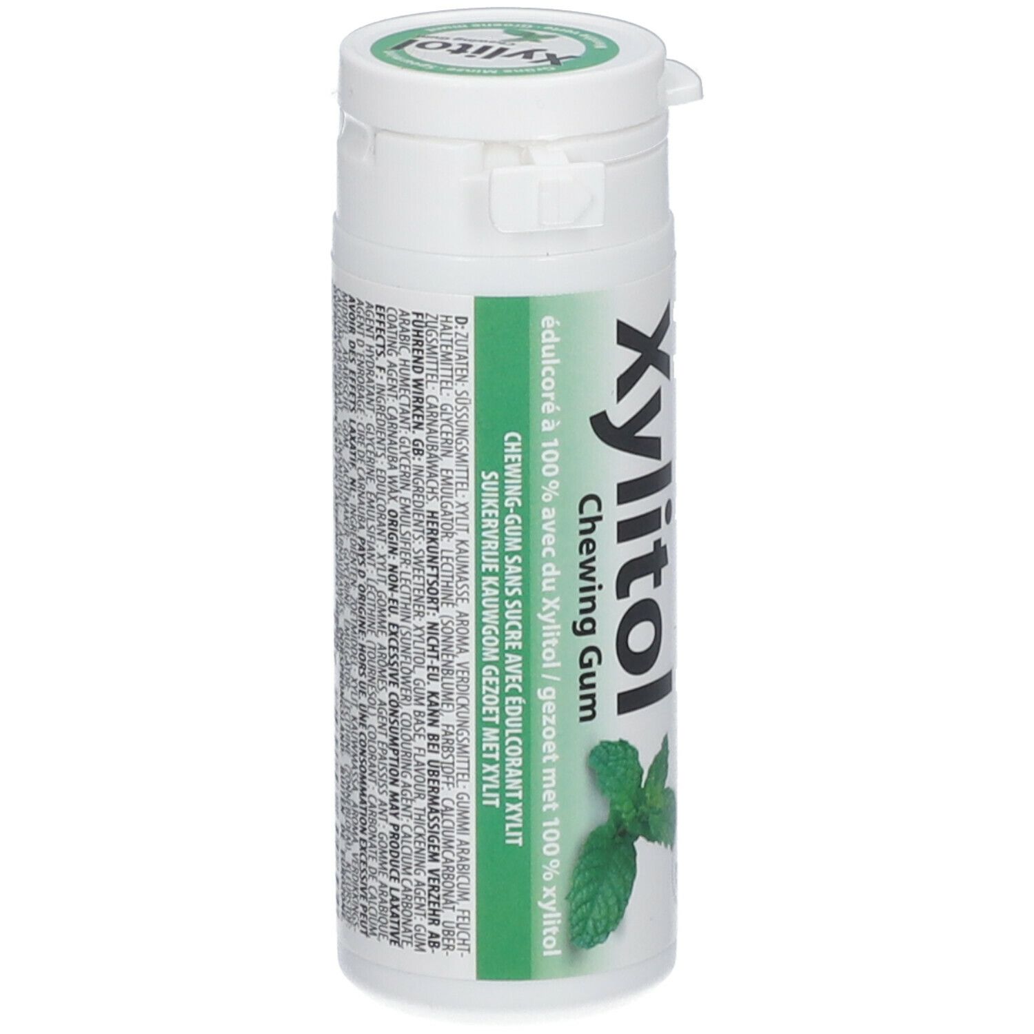 Boîte blanche de chewing-gums Miradent Xylitol. Inscription : Xylitol Chewing Gum, avec 100% de Xylitol, Menthe verte, Groene munt.