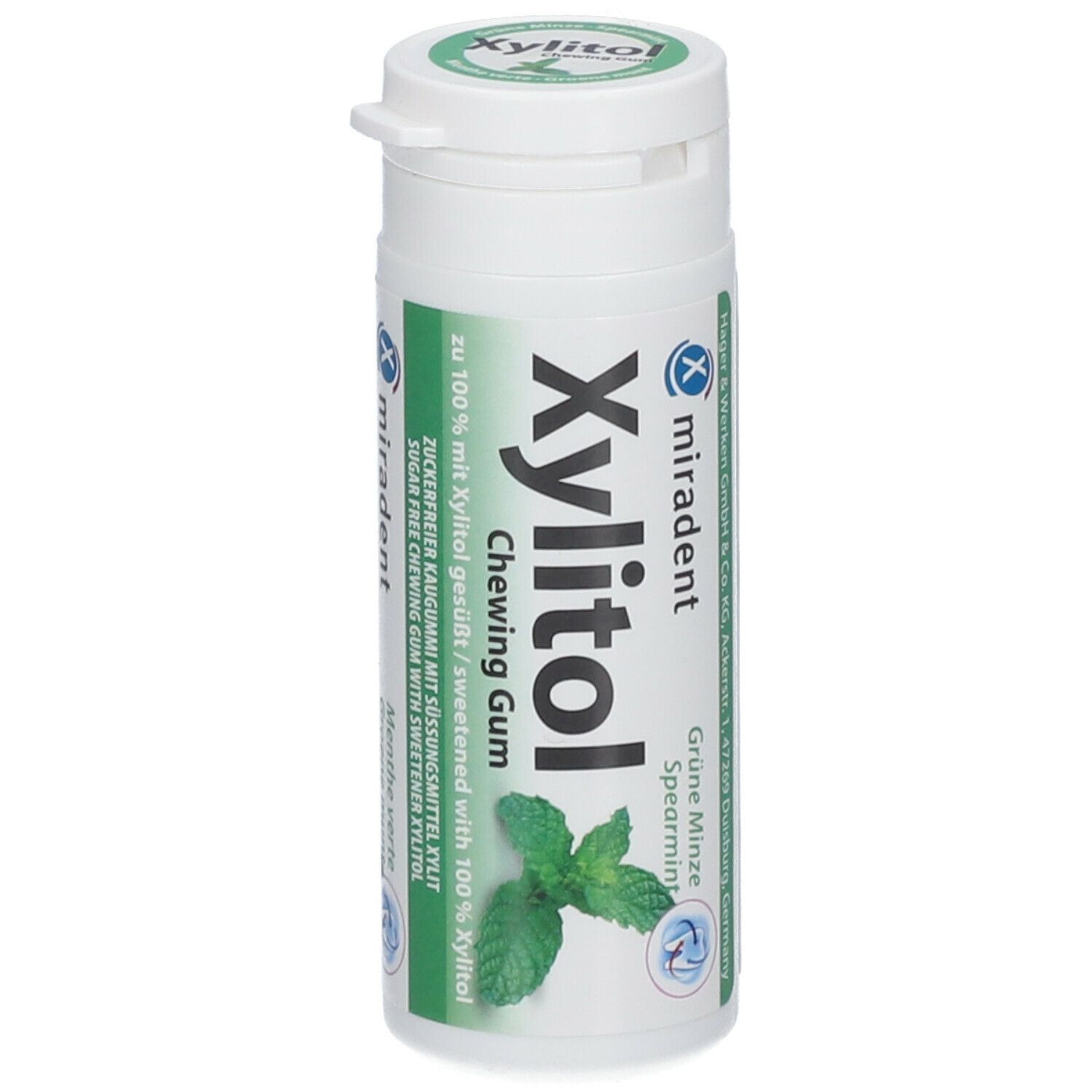 Boîte blanche de chewing-gums Miradent Xylitol à la menthe verte. Inscription : Xylitol Chewing Gum, Menthe verte, Spearmint.