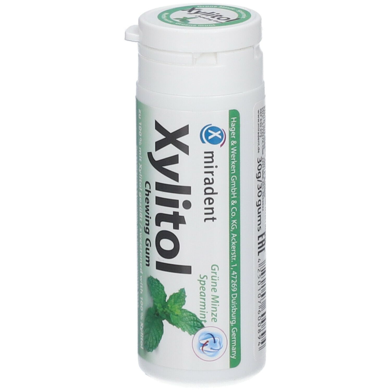 Boîte blanche de chewing-gums Miradent Xylitol à la menthe verte. Inscription : Xylitol Chewing Gum, Menthe verte, Spearmint, 30g/30 gums.