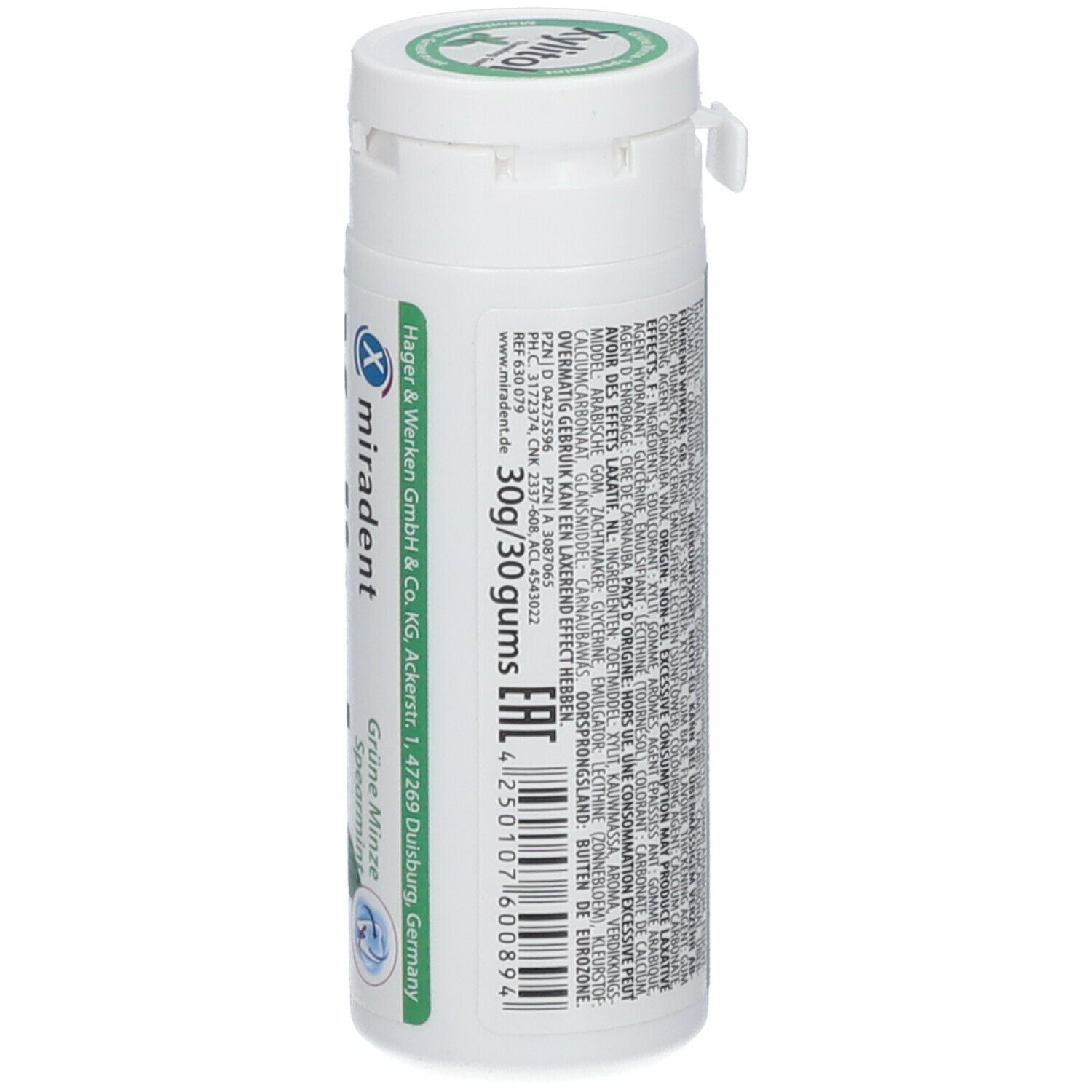 Boîte blanche de chewing-gums Miradent Xylitol à la menthe verte. Inscription : Xylitol Chewing Gum, Menthe verte, Spearmint, 30g/30 gums.