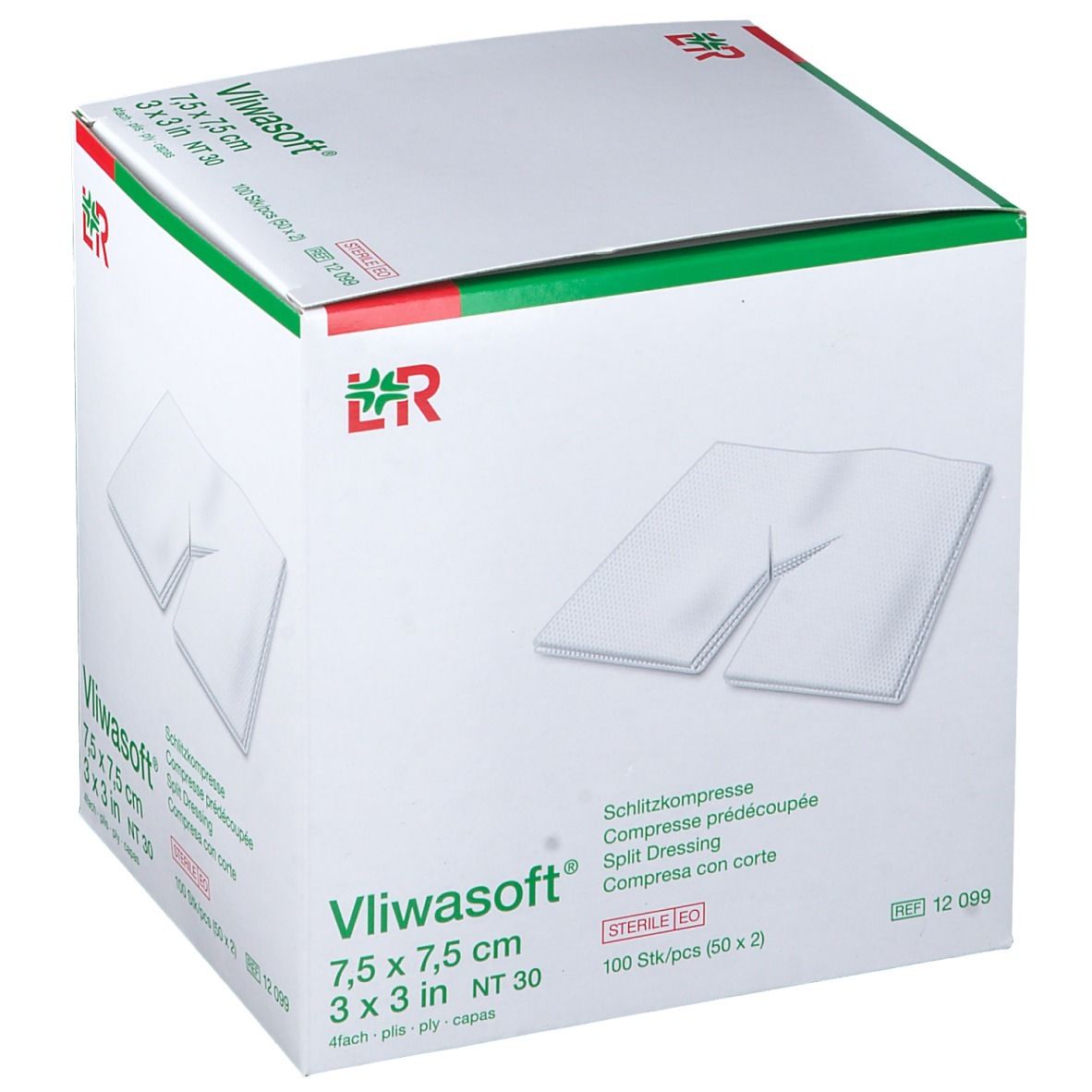 Verpakking Vliwasoft kompressen. Witte kompressen met Y-vormige spleet. Afmeting 7,5 x 7,5 cm. 100 stuks.