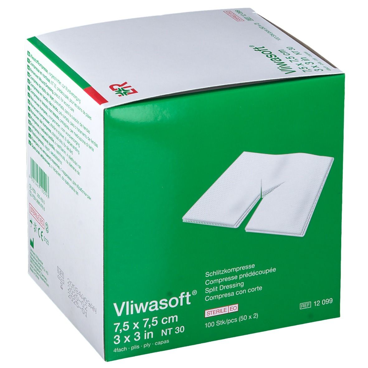 Verpakking Vliwasoft kompressen. Witte kompressen met Y-vormige spleet. Afmeting 7,5 x 7,5 cm. 100 stuks.