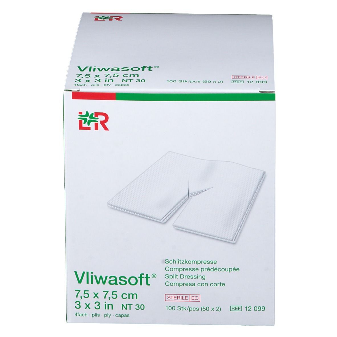 Verpakking Vliwasoft kompressen. Witte kompressen met Y-vormige spleet. Afmeting 7,5 x 7,5 cm. 100 stuks.