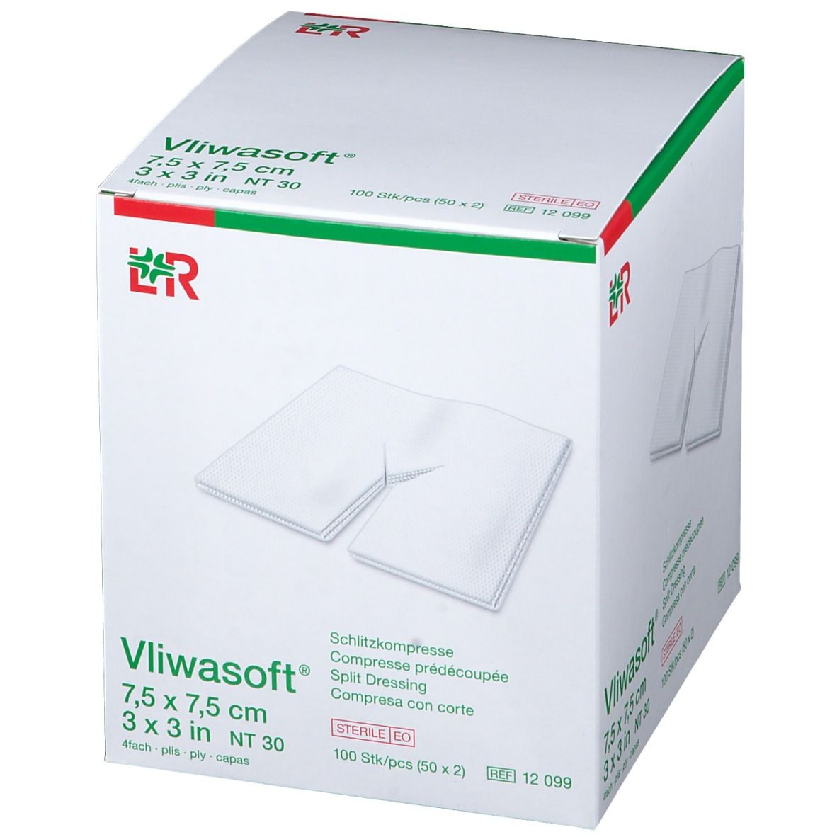 Verpakking Vliwasoft kompressen. Witte kompressen met Y-vormige spleet. Afmeting 7,5 x 7,5 cm. 100 stuks.