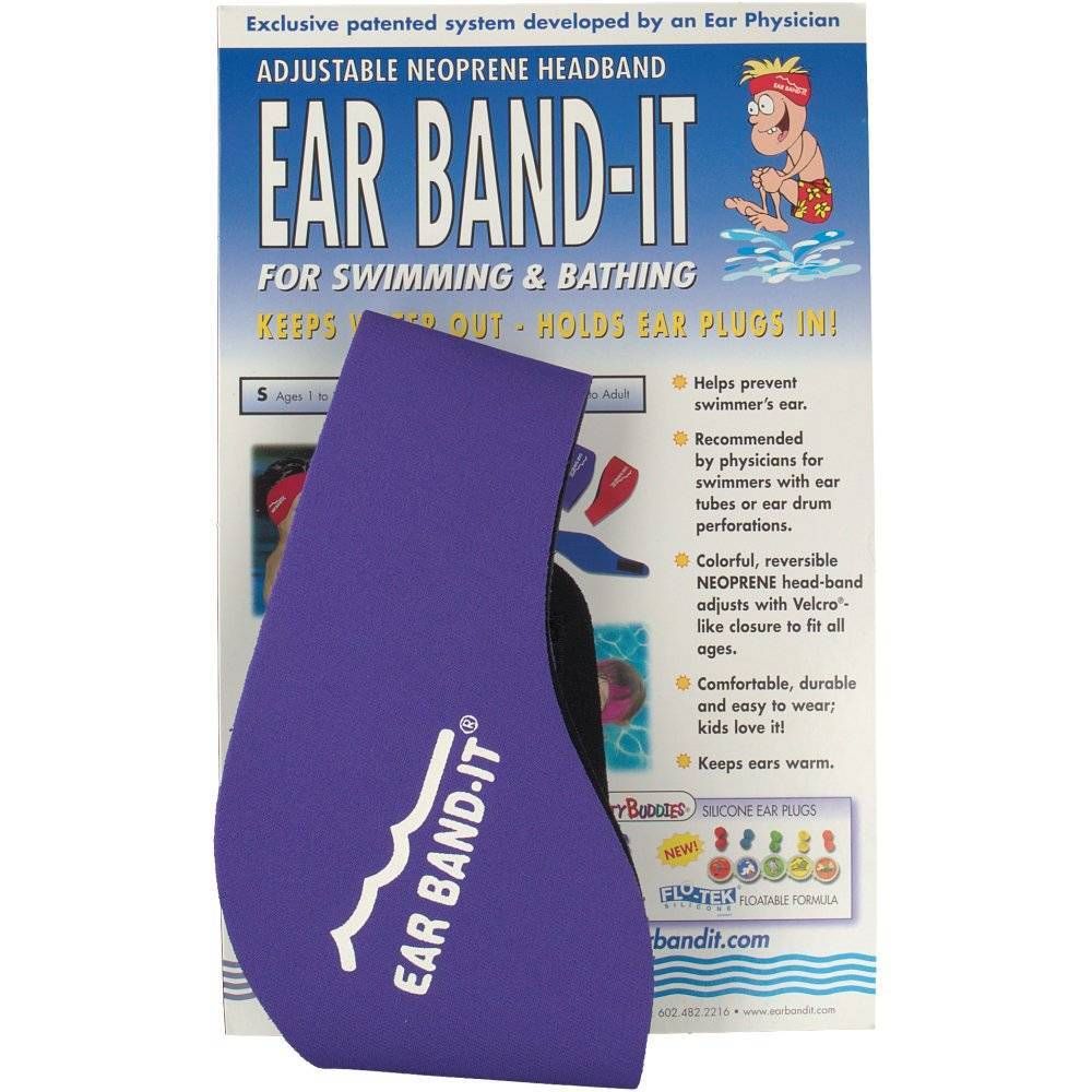 Lila EAR BAND-IT® Badestirnband mit weißem Logo. Auf Verpackung: Produktname, Text, Illustrationen, Größenangaben, und Zertifizierungen.