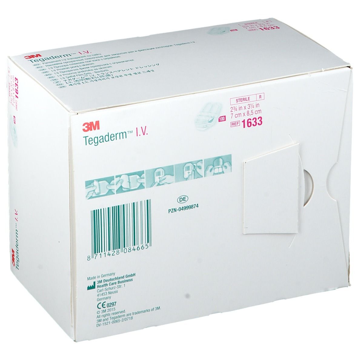 Karton 3M™ Tegaderm™ I.V. mit transparenten Verbänden. Größe: 7 cm x 8,5 cm. Steril. Mehrsprachige Beschriftung.