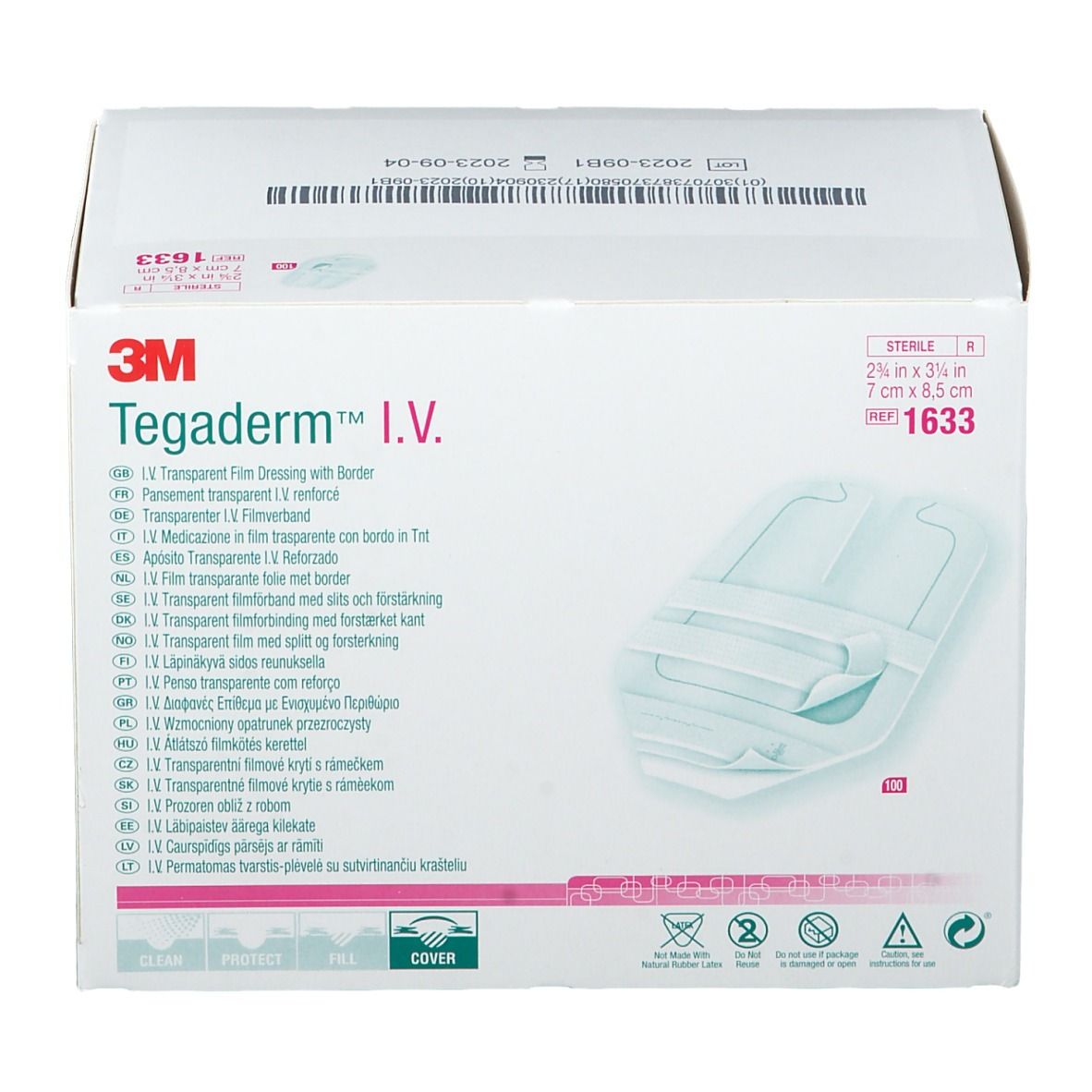 Karton 3M™ Tegaderm™ I.V. mit transparenten Verbänden. Größe: 7 cm x 8,5 cm. Steril. Aufdrucke in mehreren Sprachen.