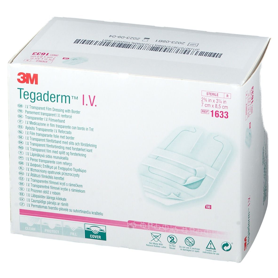 Karton 3M™ Tegaderm™ I.V. mit transparenten Verbänden. Größe: 7 cm x 8,5 cm. Steril. Aufdrucke in mehreren Sprachen.