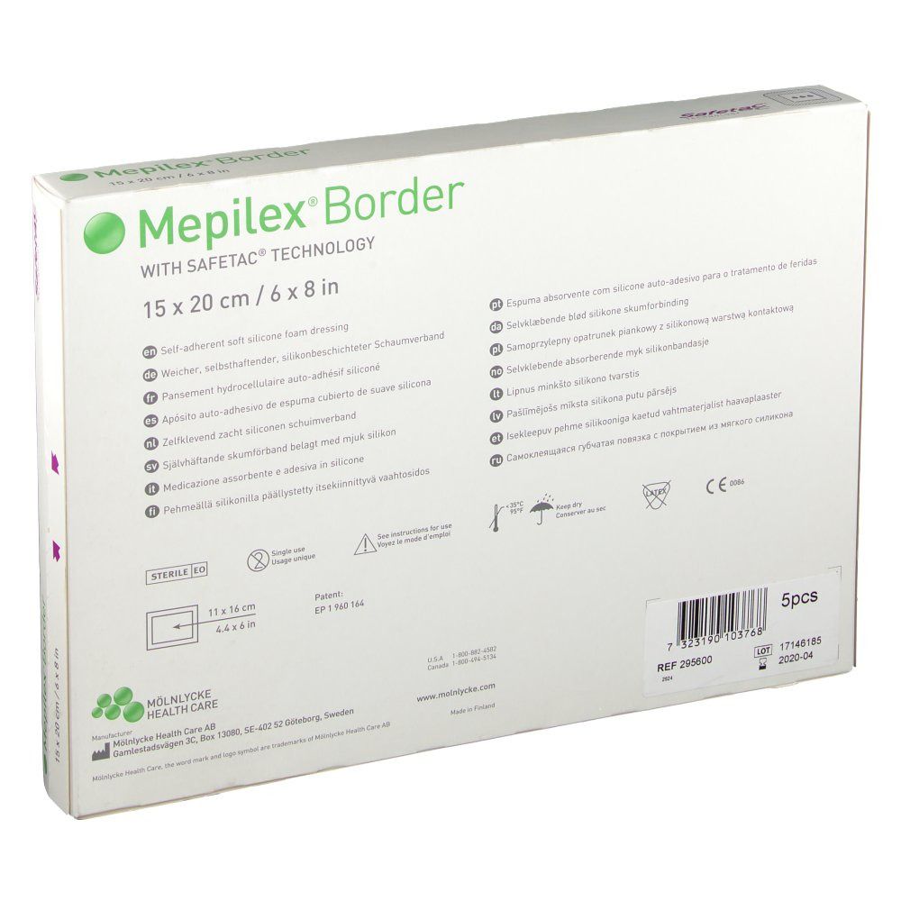 Dos de la boîte Mepilex® Border. Inscription : Mepilex® Border, 15 x 20 cm. Textes multilingues et symboles.