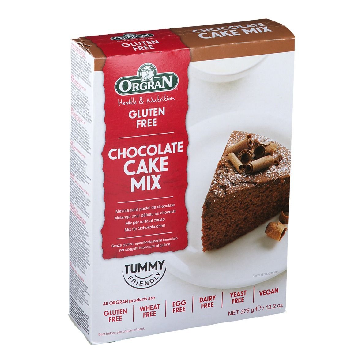 Boîte de mélange à gâteau au chocolat Orgran, sans gluten. Image d'une part de gâteau et rouleaux. Tummy Friendly.