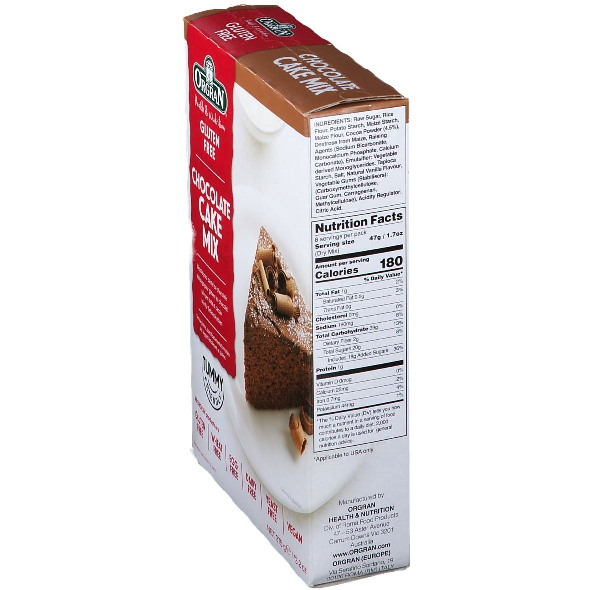 Boîte de mélange à gâteau au chocolat Orgran. Liste des ingrédients et informations nutritionnelles. Sans gluten, végétalien.