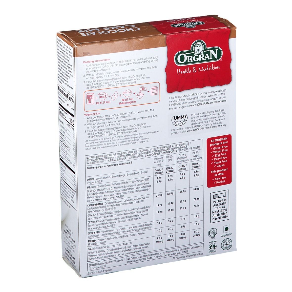 Dos de la boîte de mélange à gâteau au chocolat Orgran. Instructions de préparation et informations nutritionnelles. Sans gluten.