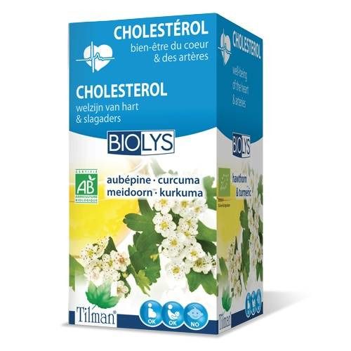 Biolys-doos. Opschrift: Cholesterol, meidoorn-kurkuma. AB-label. Illustratie van bloemen en bladeren. Gele en blauwe achtergrond.