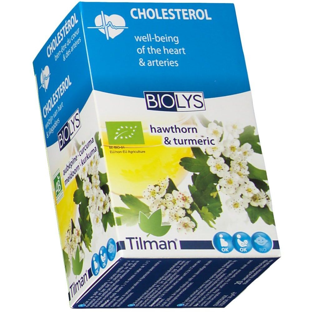 Schuin geplaatste Biolys-verpakking. Opschrift: Cholesterol, meidoorn & kurkuma. EU-bio-logo. Illustratie van bloemen en bladeren.