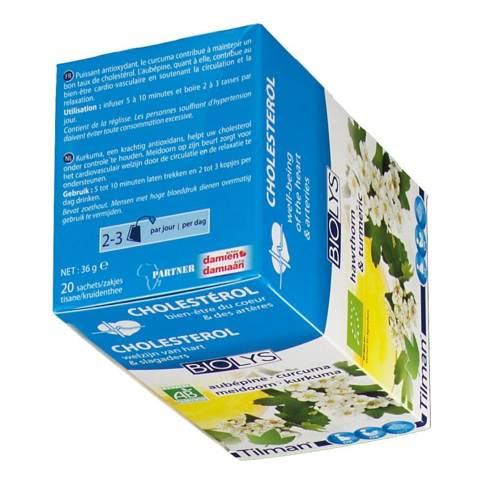 Biolys-verpakking met tekst: Cholesterol, meidoorn-kurkuma. Bevat 20 zakjes. Tekst en illustraties op de verpakking.