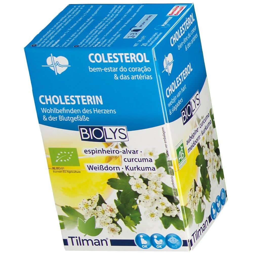 Biolys-verpakking. Opschrift: Cholesterol, meidoorn-kurkuma. AB-bio-label. Illustratie van bloemen en bladeren. Meertalig.