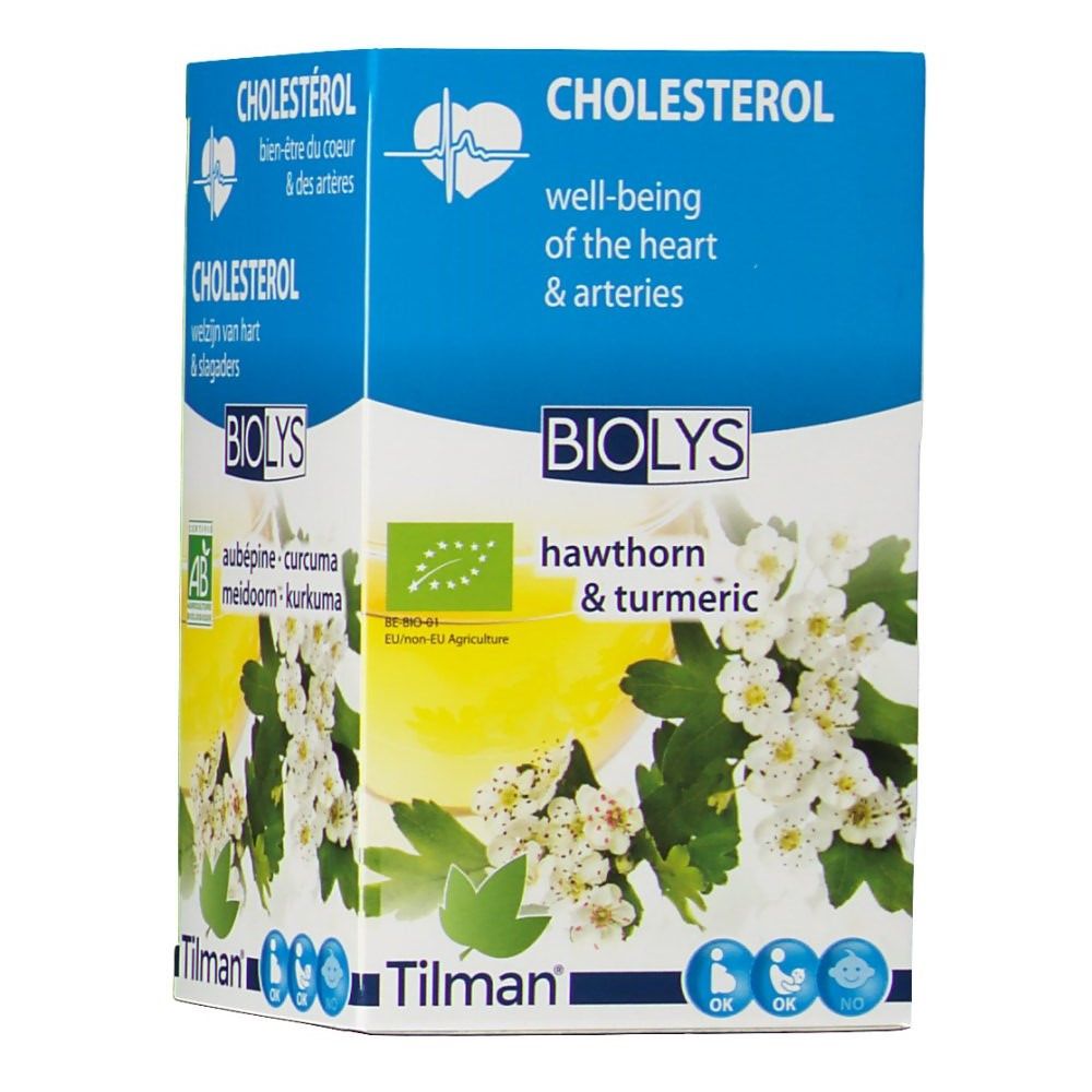Biolys-verpakking. Opschrift: Cholesterol, meidoorn & kurkuma. EU-bio-logo. Illustratie van bloemen en bladeren. Blauw en wit.