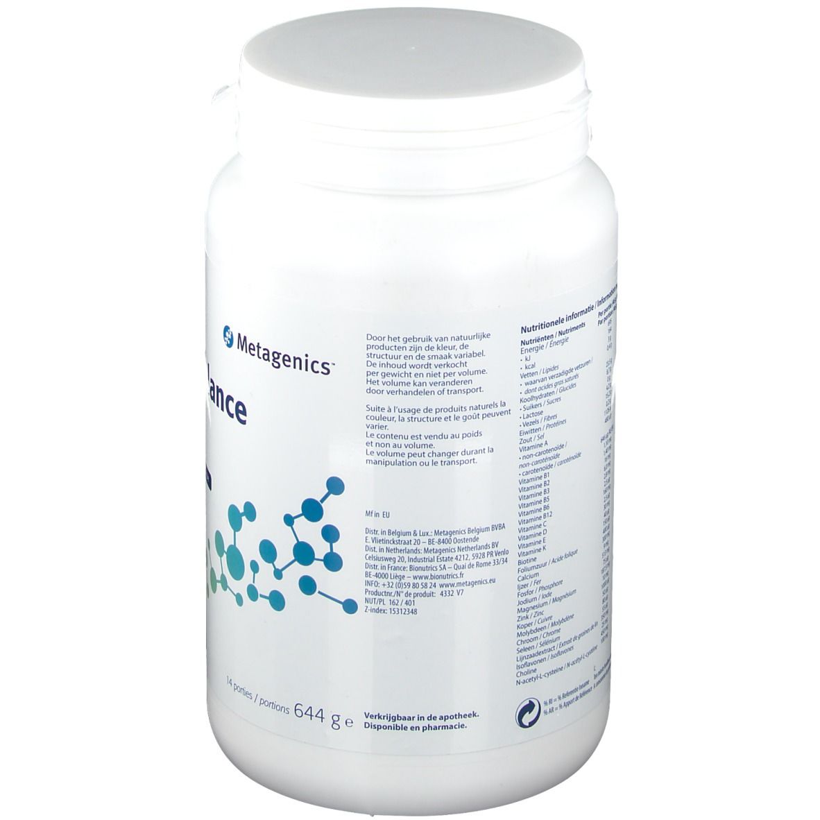 Pot blanc de supplément avec couvercle. Dos avec texte et informations nutritionnelles. Marque : Metagenics.