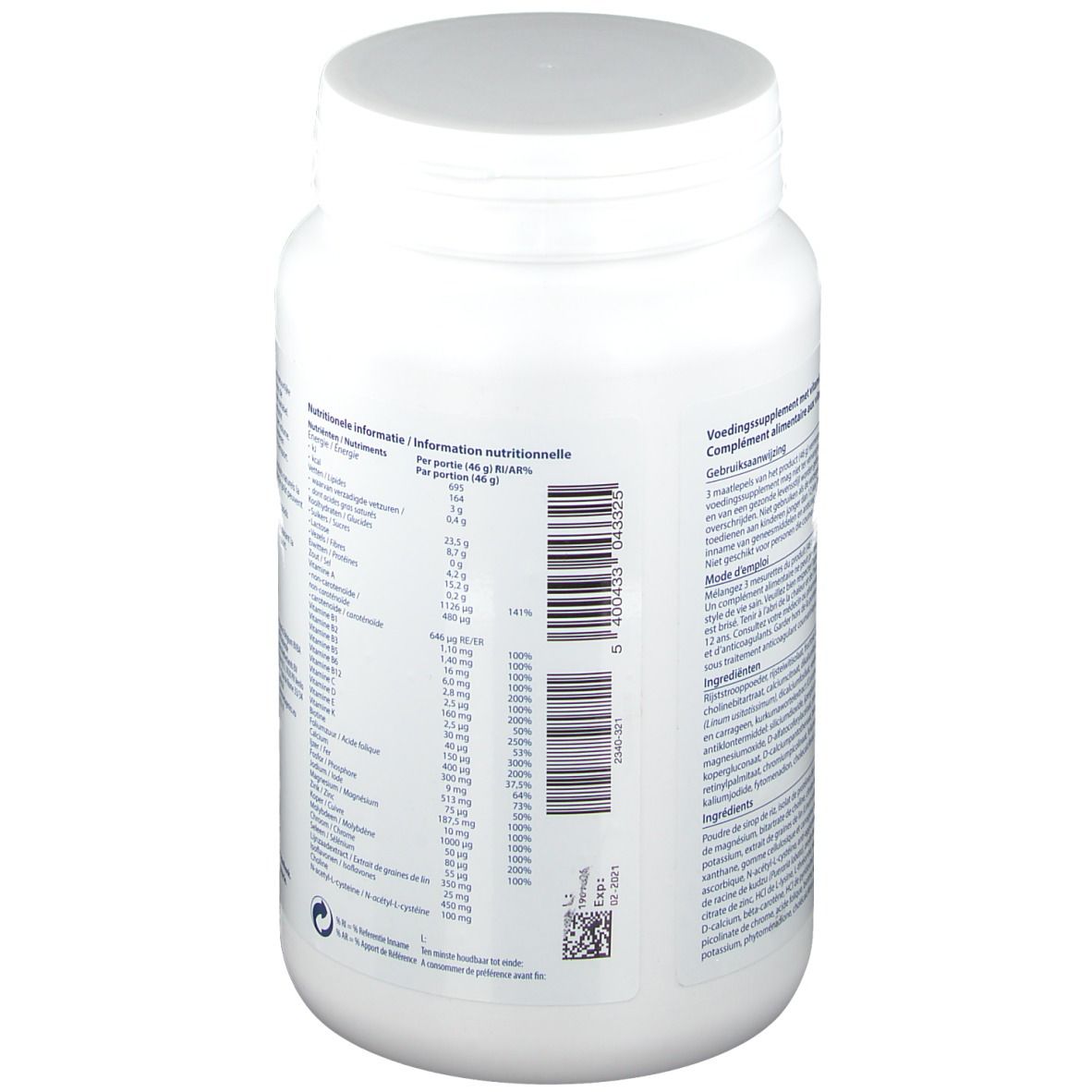 Pot blanc de supplément avec couvercle. Dos avec texte et informations nutritionnelles. Code-barres.