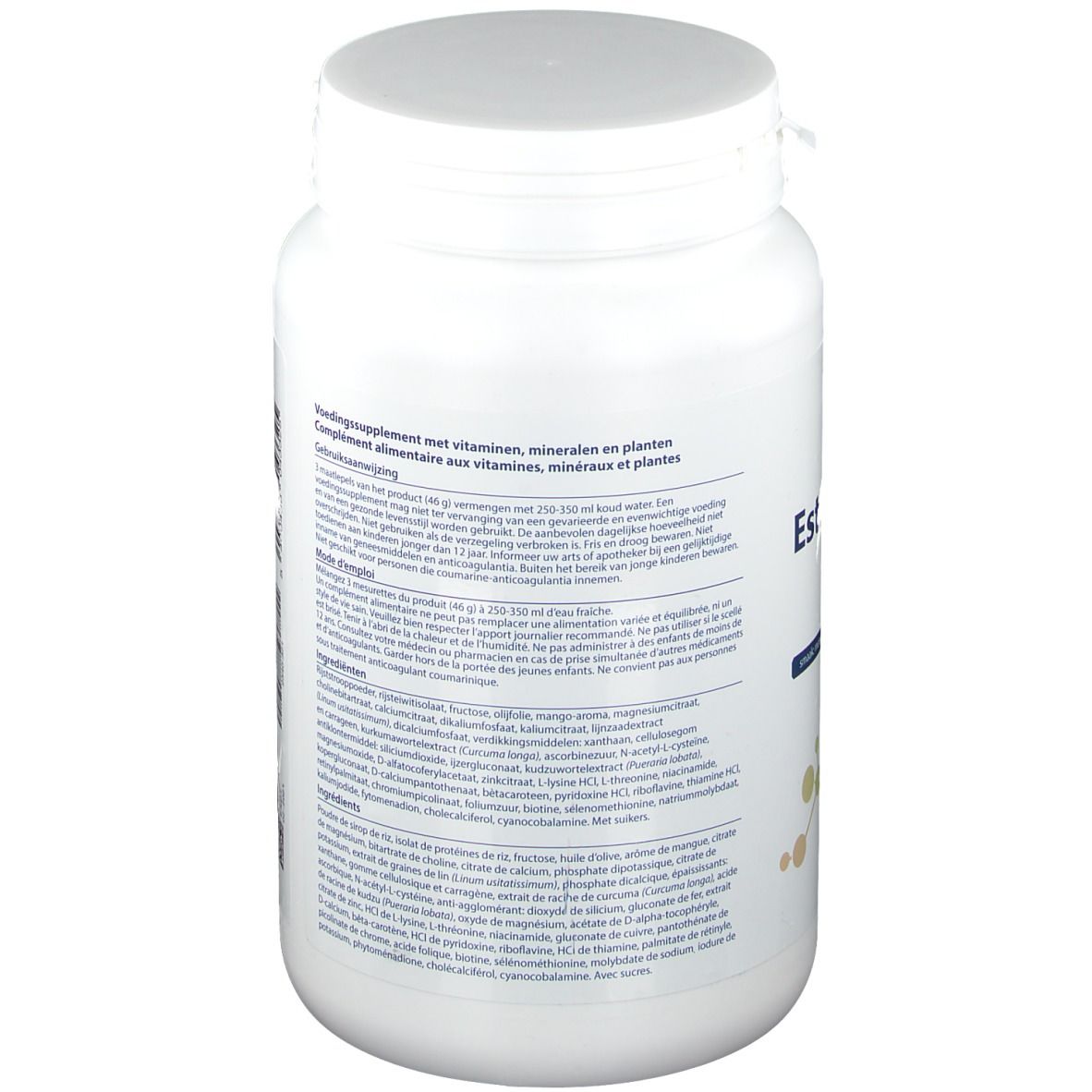 Pot blanc de supplément avec couvercle. Dos avec texte et informations nutritionnelles. Marque : Metagenics.