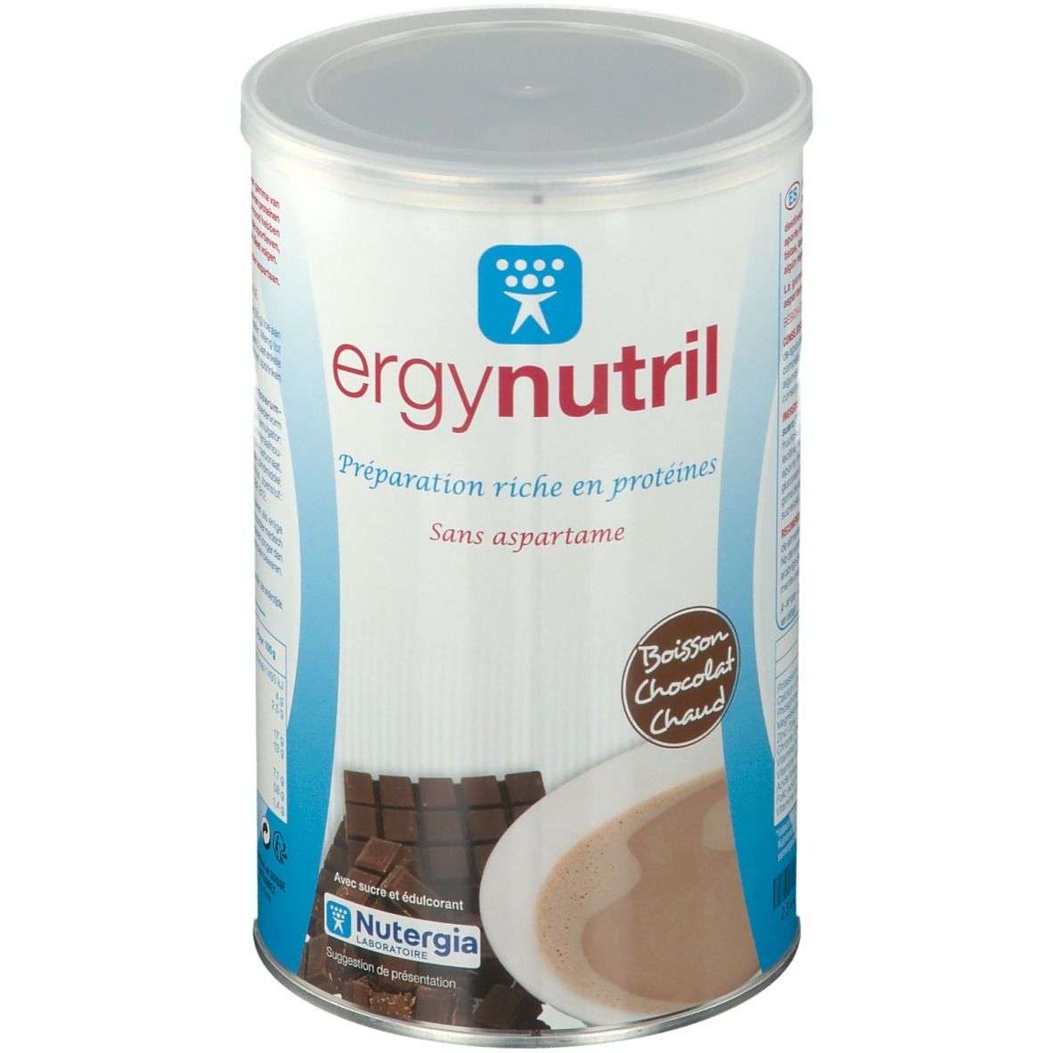 Boîte cylindrique Ergynutril, préparation protéinée chocolat. Sans aspartame. Boisson Chocolat Chaud. Marque Nutergia.