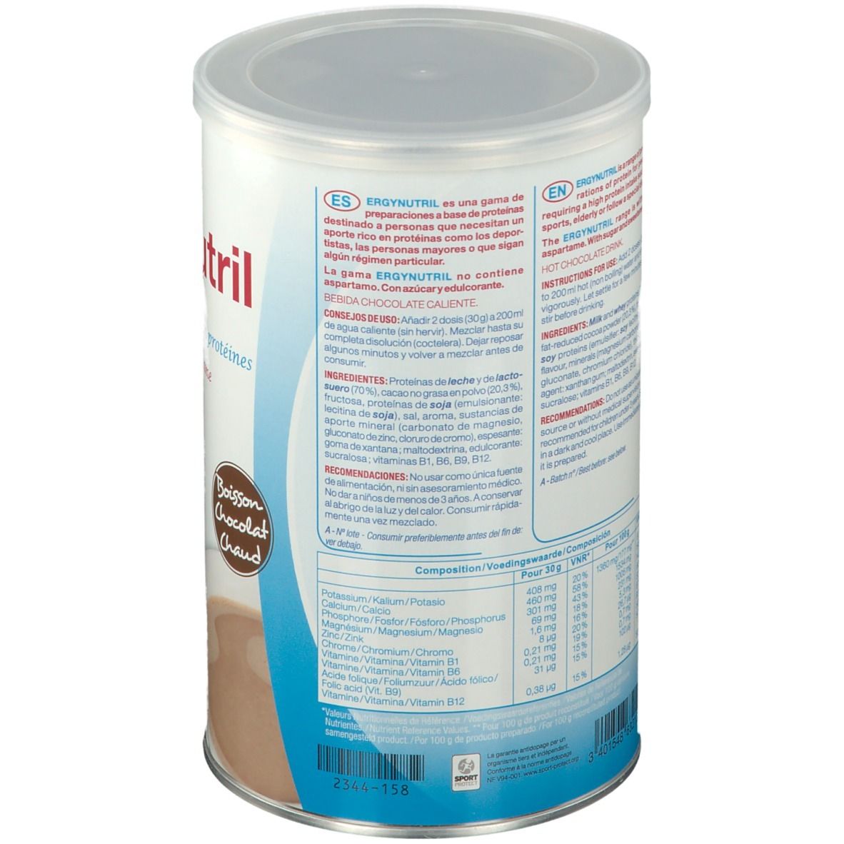Dos de la boîte Ergynutril. Texte multilingue. Liste des ingrédients, informations nutritionnelles. Marque Nutergia.