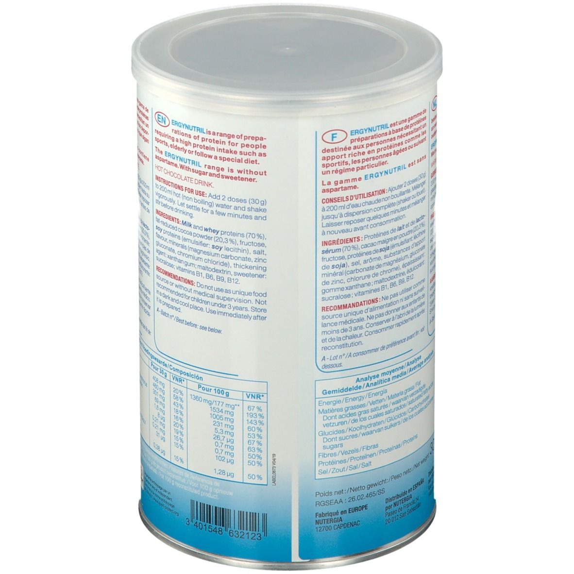 Dos de la boîte Ergynutril. Texte multilingue. Liste des ingrédients, informations nutritionnelles. Marque Nutergia.