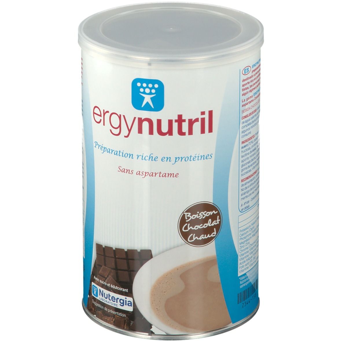 Boîte cylindrique Ergynutril, préparation protéinée chocolat. Sans aspartame. Boisson Chocolat Chaud. Marque Nutergia.
