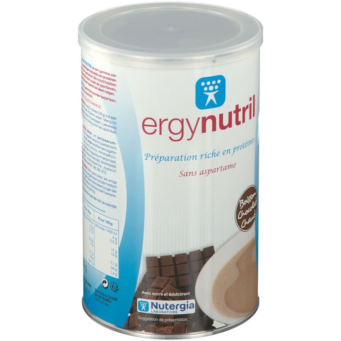Boîte cylindrique Ergynutril, préparation protéinée chocolat. Sans aspartame. Boisson Chocolat Chaud. Marque Nutergia.
