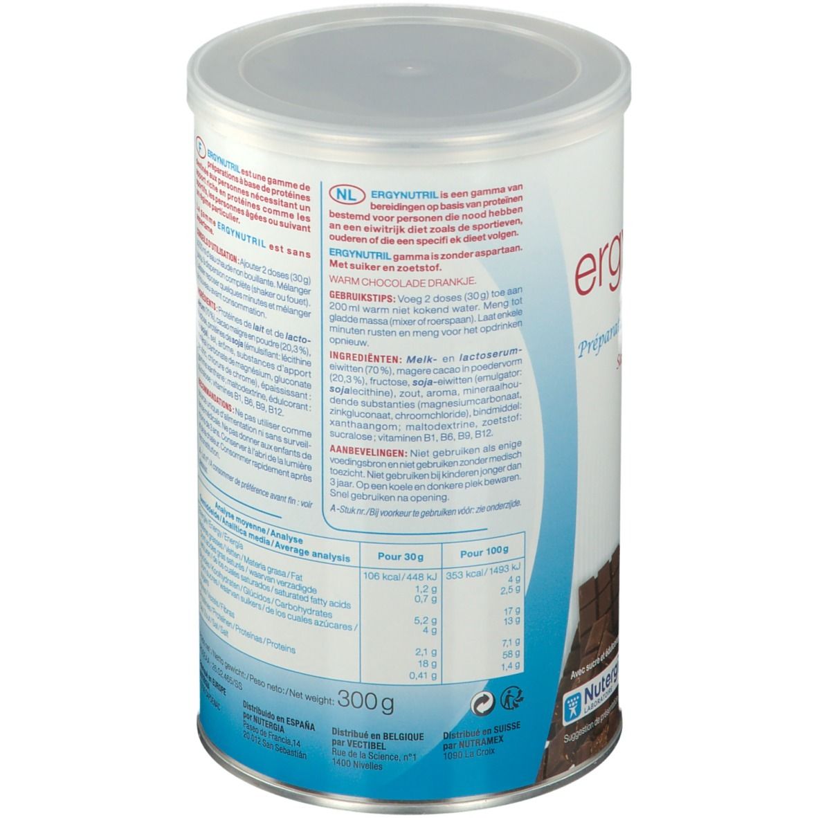 Dos de la boîte Ergynutril. Texte multilingue. Liste des ingrédients, informations nutritionnelles. Marque Nutergia.