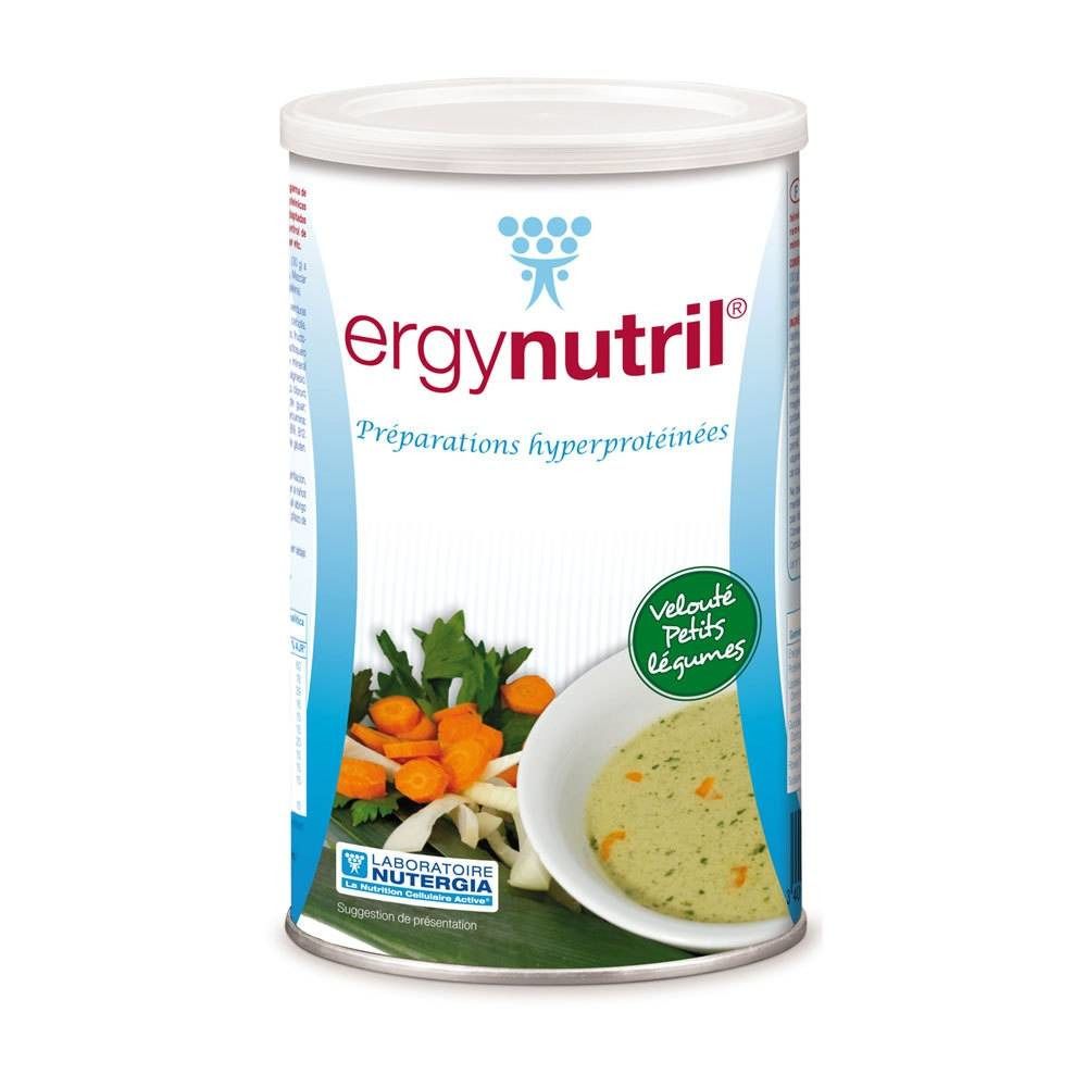 Cilindervormige doos met wit deksel. Opschrift "ergynutril" en "Préparations hyperprotéinées". Afbeelding van groenten en soep.
