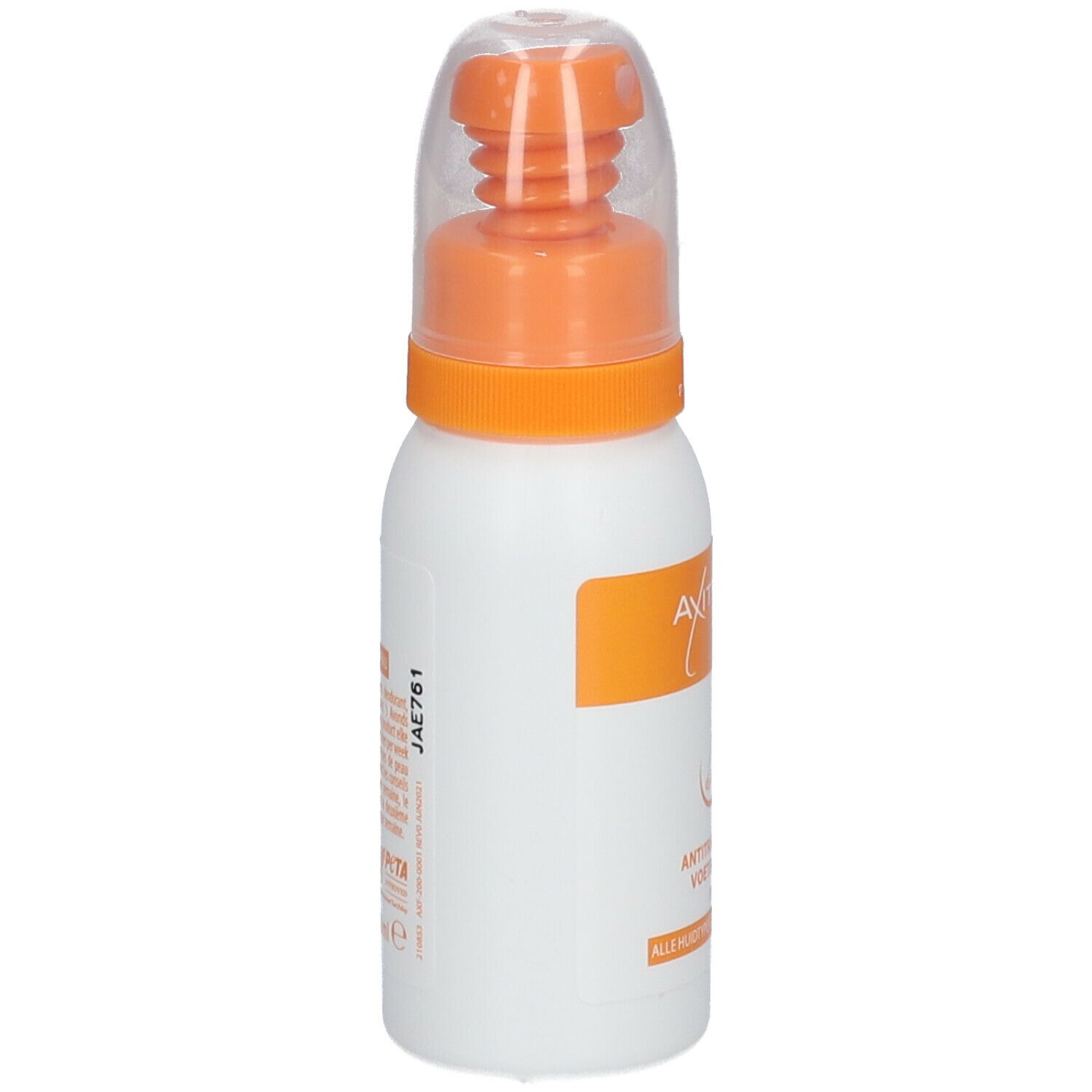 Flacon spray blanc avec bouchon orange. Inscription : Axitrans. Texte et code sur le côté.