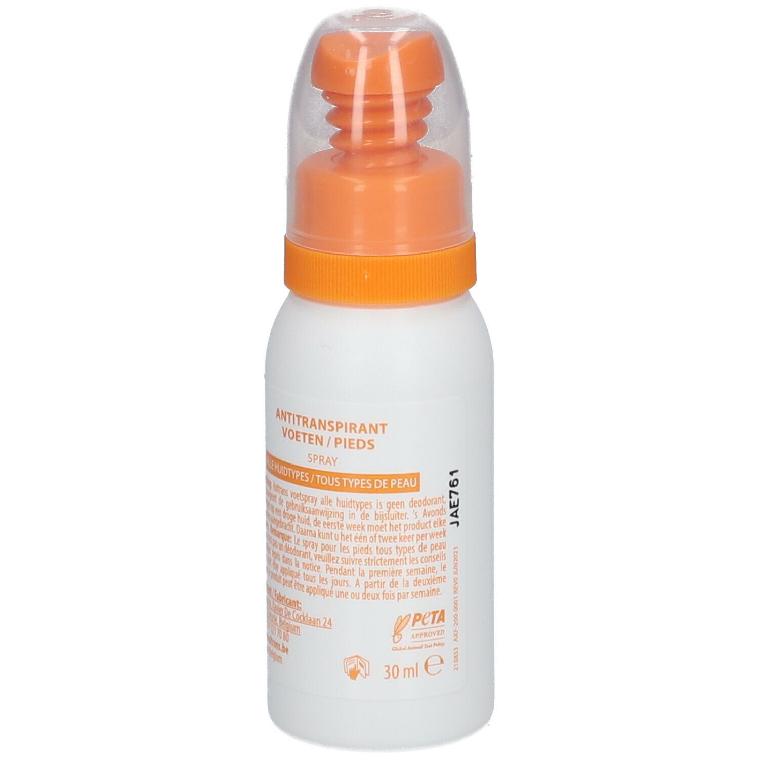 Flacon spray blanc avec bouchon orange. Inscription : Axitrans, Antitranspirant, pieds. Texte et logo.