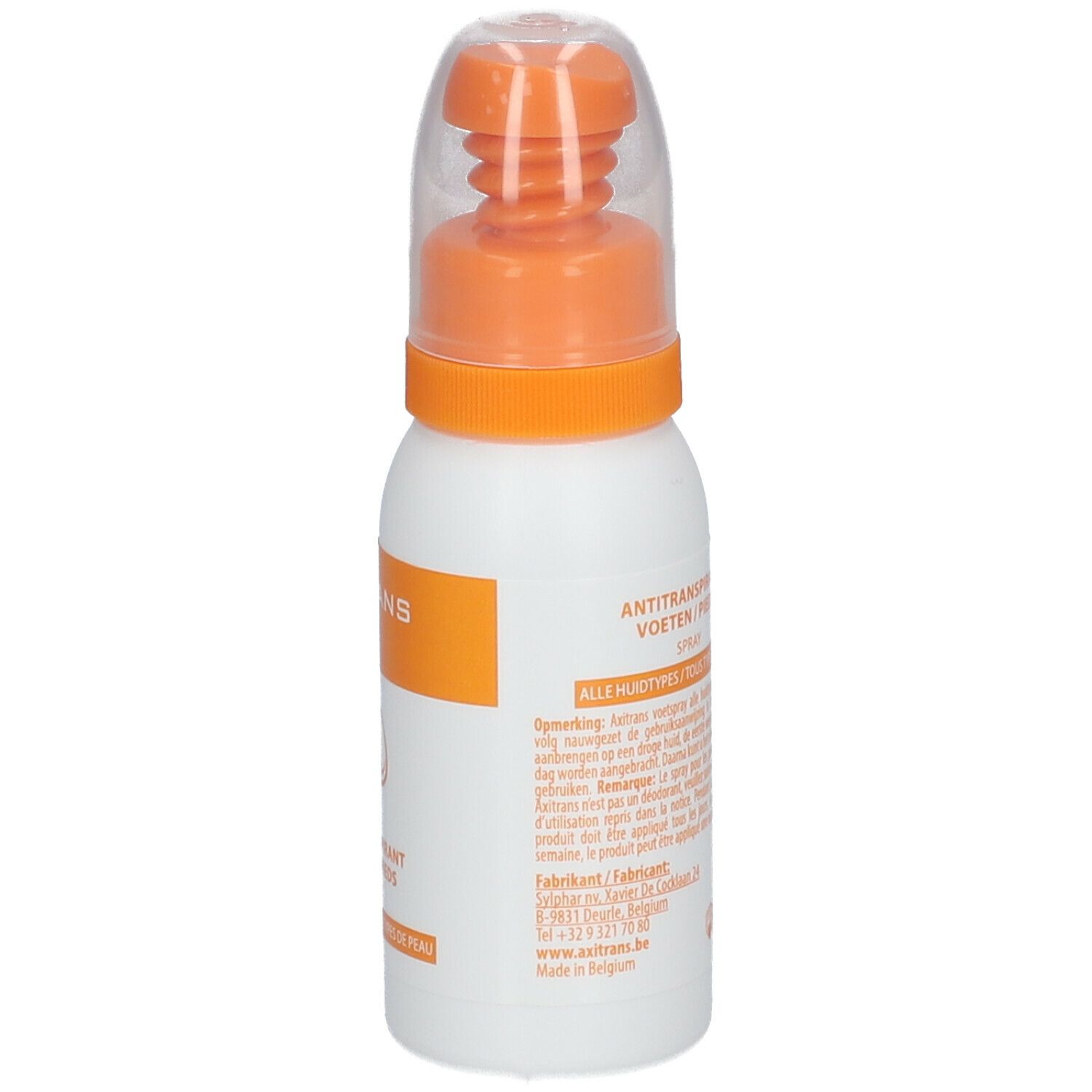 Flacon spray blanc avec bouchon orange. Texte et logo sur le côté.